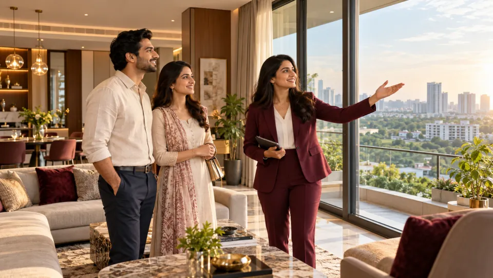 Illustrative advisor showing an apartment to homebuyers
