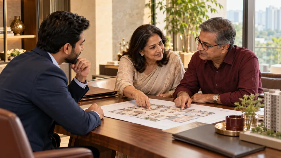 Illustrative advisor listening to homebuyers and reviewing a floor plan